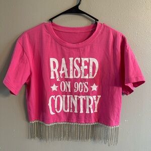 Raised on 90’s Country Pink Graphic Crop Top with Fringe